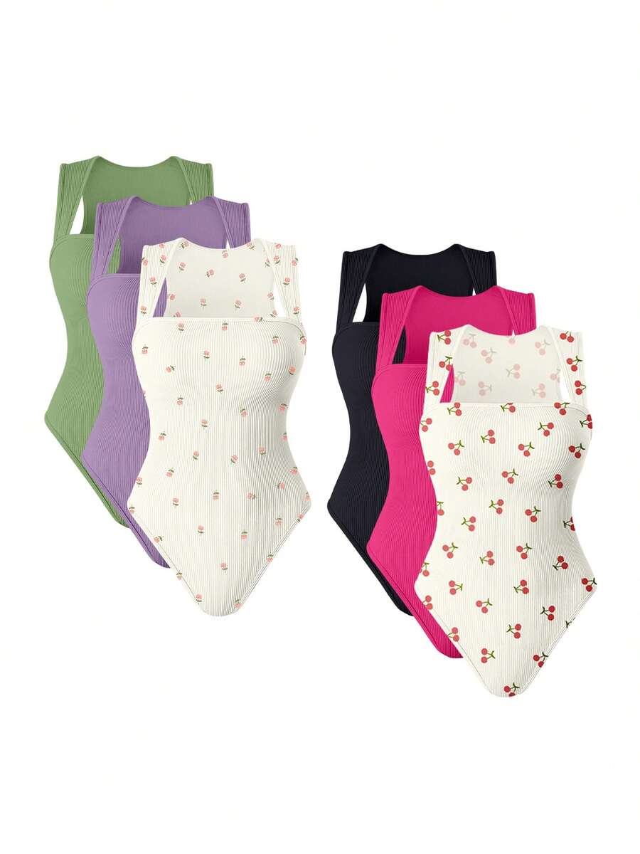 OQQ 3 Piece Bodysuits For Women Sexy Ribbed Strappy Square Neck Stretch Tank Tops Bodysuits - 酪梨綠,香芋紫,玫瑰米,黑,火龍果色,櫻桃米 - 查看 1