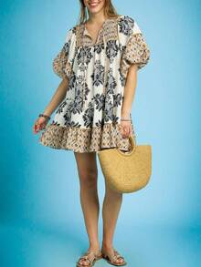Women Boho Floral Mini Dress Short Puff Sleeve Flowy A Line Dress Ruffle V Neck Loose Babydoll Dresses - Brown - View 4