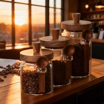 MYVIT 1 pieza Tarro de cristal para café con cuchara, recipiente hermético para almacenamiento de alimentos para azúcar, galletas, té, aperitivos, especias, sal y pimienta, frasco de vidrio borosilicato con tapa de madera, frasco para almacenamiento de alimentos con cuchara