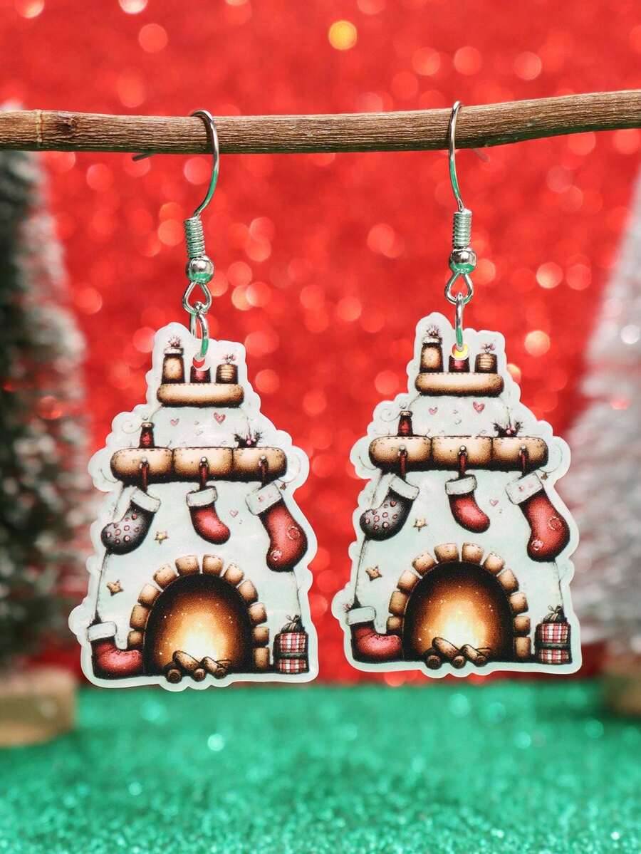 一对可爱有趣的节日圣诞树、圣诞帽、圣诞袜、烟囱造型亚克力吊坠耳环，时尚节日派对及日常佩戴饰品，女士款 - 彩色 - 查看 1