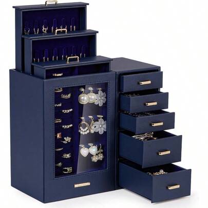 Elegant Large Jewelry Box Organizer With Glass Window Drawers For Necklaces Earrings Rings Bracelets Watches - Perfect Storage Solution And Thoughtful Gift For Women Girls In Bedroom Or Vanity Space