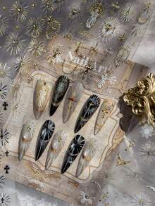 1pc 5D Gold Plated Nail Sticker, Luxury & Exquisite Nail Sticker, Retro Halo Faith Nail Sticker, DIY Nail Sticker - Gold - View 4