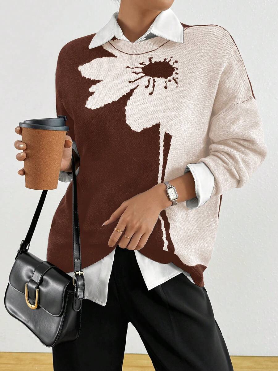 Plus Size Crew Neck Jacquard Contrast Color Knit Sweater - Brown - View 1