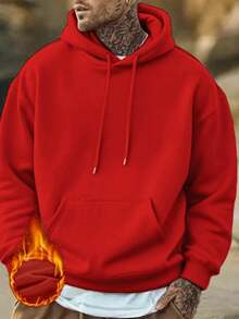 Sudadera con capucha casual de unicolor, de manga larga y hombros caídos, con cordón y bolsillo, para hombres, para otoño/invierno, temporada de vuelta al colegio - Rojo - Ver 4