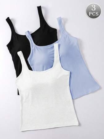 3件套女士纯色罗纹吊带背心，带衬垫文胸，休闲露背短款背心