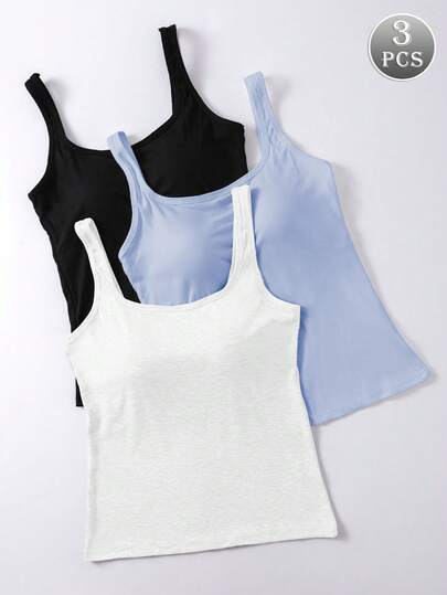 3 piezas Camiseta de tirantes de mujer de unicolor acanalado con sujetador acolchado, top corto casual sin espalda