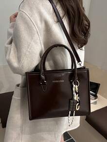 Women's Minimalist Elegant Handbag, Solid Color Fashion Tote Bag, Zipper Closure, Detachable Shoulder Strap, Spacious Interior, High-Quality PU Leather, Durable And Lightweight Outdoor Handbag, Suitable For Carrying In Autumn/Winter, Shoulder And Crossbody, Retro Style, Women's Work Bag, Daily Commute Bag, Suitable For Travel And Shopping, Strolling, With Pendant - Multicolor - View 3