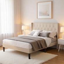 Double Bed Base, Full Size And Queen Size Headboard Base, Footboard With Tufted Wings, Wooden Slat Support, No Box Spring Needed, Gray - 杏色 - 查看 2