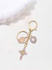 1pc Charm Keychain With Cross,Pearl And Diamonds - Cross Keychain,Bag Charm,Cross Pendant,Decorative Wallet Backpack Accessories, Earphone Bag Accessories, Ring Buckle Decorative Keychain For Luggage And Cars - Single Piece Accessory With Pearl And Diamonds And Romantic Elements
