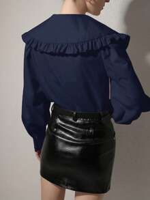 Elegant Women's Solid Color Peter Pan Collar Bishop Sleeve & Ruffle Detail Fashion Long Sleeve Blouse, Versatile For Commute, Casual, Minimalist, Spring/Summer/Autumn/Winter, Suitable For New Year, New Year's Eve, Valentine's Day, Date, Party, Business Office, Romantic Valentine's Day - Navy Blue - View 8