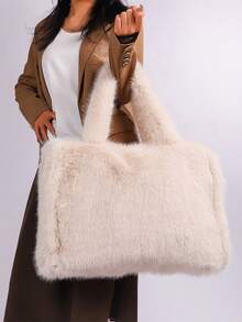 Long Strap Faux Fox Fur Tote - -Wide Large Capacity Tote Bag - Apricot - View 4