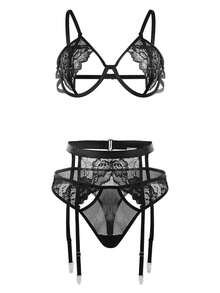 weiweihu Plus Size Ladies Black Lace Sexy Three-Point Underwear Set (Including Garter Belt),Plus Size Sexy Underwear Set Garter Belt Hollow Three-Point Slimming One-Piece Full Body Tight-Fitting Plus Size Sexy Underwear Suitable For Plus Size Ladies,Curve Lingerie,Plus Size Lingerie,Lingerie For Women Plus Size,Christmas Lingerie Plus Size,Lencería Para Mujer,Christmas Gifts - màu đen - Xem 9