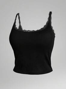 3件套女士黑白灰蕾丝罗纹背心，内置胸罩，修身短款吊带衫，Y2K风格上衣，可叠穿或单穿 - 彩色 - 查看 5