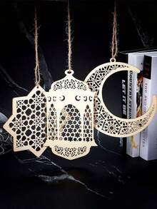 1/6pcs Wooden Eid Mubarak Decorations, Hollow Pendant Ramadan Party Wall Decor