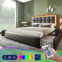 Bed Frame With LED Lighting Strip And 4 Drawers, Double Bed Upholstered Bed 160x200cm, Height-Adjustable Headboard, Functional Bed, PU Black (Without Mattress) - Black - View 10