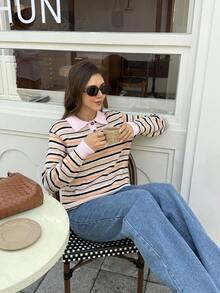 SEREN Color-Blocking Spliced Design Knitted Pullover Sweater For Women, New Casual Fashion Autumn Winter Long Sleeve Halloween Pullover Top. - Multicolor - View 2