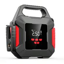 Arrancador de coche 2 en 1 con compresor de aire, cargador de batería de coche de 600A pico con compresor de aire a 150PSI, caja de arranque de 12V para batería de coche (hasta 2,64 galones de gasolina o 2,25 galones) con luz LED de emergencia, batería externa, bolsa de almacenamiento de cuero