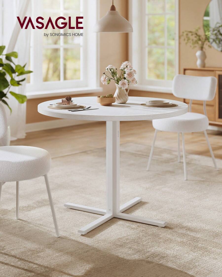 VASAGLE Tavolo da Pranzo Rotondo, Tavolino da Cucina per 4 Persone, Stile Rustico, Piano Resistente all'Acqua, diam. 80 cm, Altezza 74,8 cm, Sala da Pranzo, Soggiorno, Bianco Neve - Bianco - Visualizzare 1