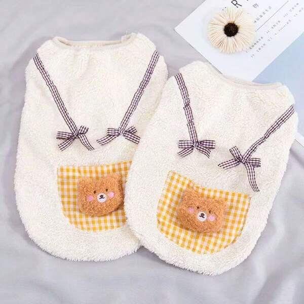 1pc Pocket Bear Plush Hoodie For Small Dogs, New Spring/Autumn/Winter Pet Clothes With Cute Bow Decor, Warm & Comfortable For Teddy, Poodle, Puppy