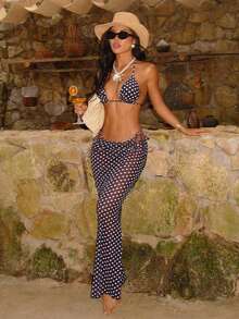 3件套女士波点印花挂脖黑色比基尼套装，性感露背夏季沙滩泳装度假装 - 彩色 - 查看 10