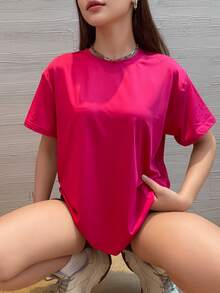 Small Shoulder Drop Short-Sleeved T-Shirt Solid Color Hot Pink Loose Casual Basic T Shirt - Hot Pink - View 3