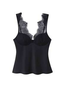 Women's Sexy Lace Satin Fitted Camisole, Fashionable V-Neck Spaghetti Strap Backless Camisole Top, Summer Beach Vacation - Black - View 8