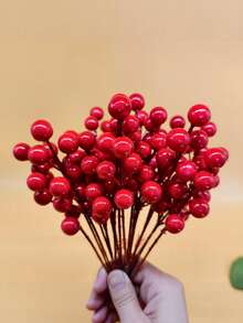 Conjunto de 5 frutinhas vermelhas realistas, frutas vermelhas de arame para decoração de Natal, enfeites para árvore de Natal, decoração natalina, decoração de Ano Novo Chinês, plantas artificiais, frutinhas vermelhas realistas - Vermelho - Ver 3