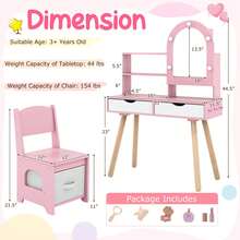 Lifezeal Kids Vanity Set With 3-Color Lighting Modes, Adjustable Brightness, Mirror Cabinet White/Pink - Pink - View 2