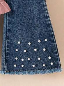 3pcs/Set Girls Solid Color Long Sleeve Shirt + Fashionable Denim Suspender Vest + Fashionable Studded Denim Pants - Pink - View 7