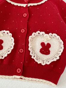 秋冬新款婴儿服装，可爱爱心兔子提花针织开衫，圆领长袖红色圣诞新年风格开襟毛衣 - 紅色 - 查看 10
