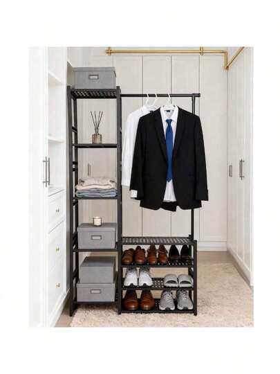 Cabideiro de chão preto de 81,5 x 25,6 x 150 cm, organizador de roupas independente que economiza espaço, cabideiro multifuncional para roupas e sapatos, cabideiro de várias camadas, expositor versátil para guarda-roupa, suporte para casacos e chapéus na entrada, extensão de armário, solução para organizar o quarto, essencial para a volta às aulas em dormitórios, organizador doméstico ideal para presentes de Natal, sistema para organizar o armário, estúdio, corredor, área de serviço, solução prática e compacta para a vida urbana