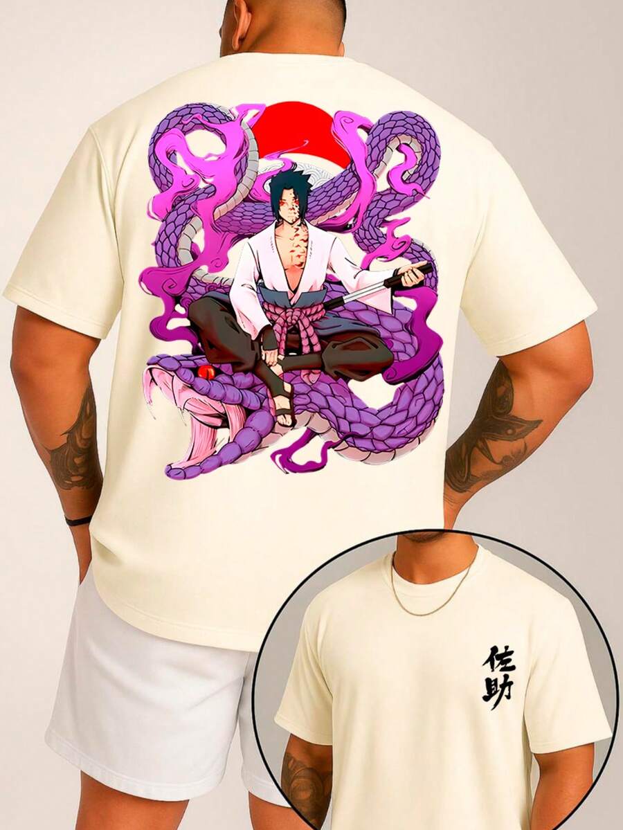 Camiseta Masculina "Anime Sasuke Uchiha sentado sobre uma grande cobra roxa" Streetwear Minimalista 100% Algodão Frente e Costa - Bege - Visão 1