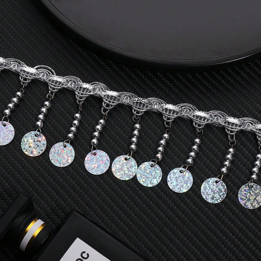 2 Yards 6cm Wide Silver Beads Sequins Beaded Fringe, Fashion Dress Costume Handbag Shoes Fringe, Lampshade Fringe - Multicolor - View 1