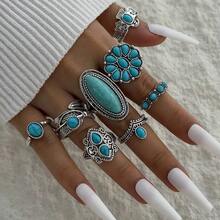 10/20/30枚合成绿松石镶嵌合金戒指套装，复古波西米亚风格，混搭尺寸，情侣戒指，适合派对/婚礼/日常佩戴，时尚饰品，最佳礼物 - 銀色 - 查看 7