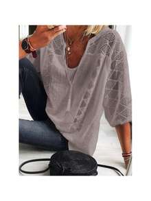 Women's Elegant Lace Patchwork U-Neck Blouse, 3/4 Sleeve Casual Top With Delicate Lace Trim, Soft Lightweight Chic Shirt For Office, Date & Daily Wear - 灰色 - 查看 2