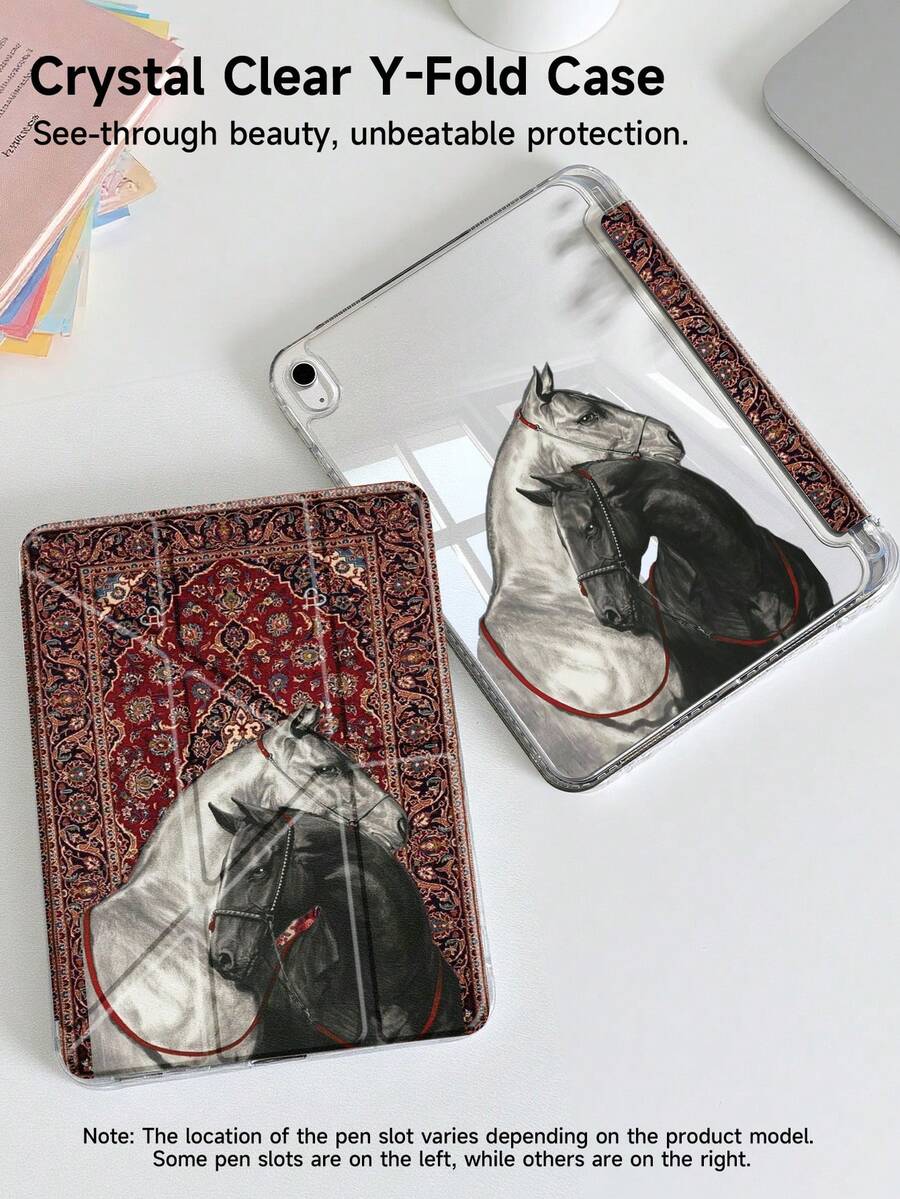 马图腾皮革翻盖平板电脑保护套，适用于 iPad Air 4/5 (10.9 英寸)、7/8/9 (10.2 英寸)，内置笔槽，兼容三星 Tab S6 (10.4 英寸)、Tab A7 Lite (8.7 英寸)，保护套，返校季、新年礼物、复活节兔子生日周年纪念礼物派对 - 酒紅色 - 查看 1