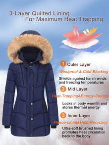 Women's Mid-Length Winter Coat Casual Fleece-Lined Windbreaker Detachable Hood With Drawstring Built-In Pockets, Two-Way Zipper Stylish Quilted Hooded Jacket Casual Outdoor Winter Top Perfect For Daily Wear, Commuting, Holidays, Gift - Màu xanh hải quân - Xem 4