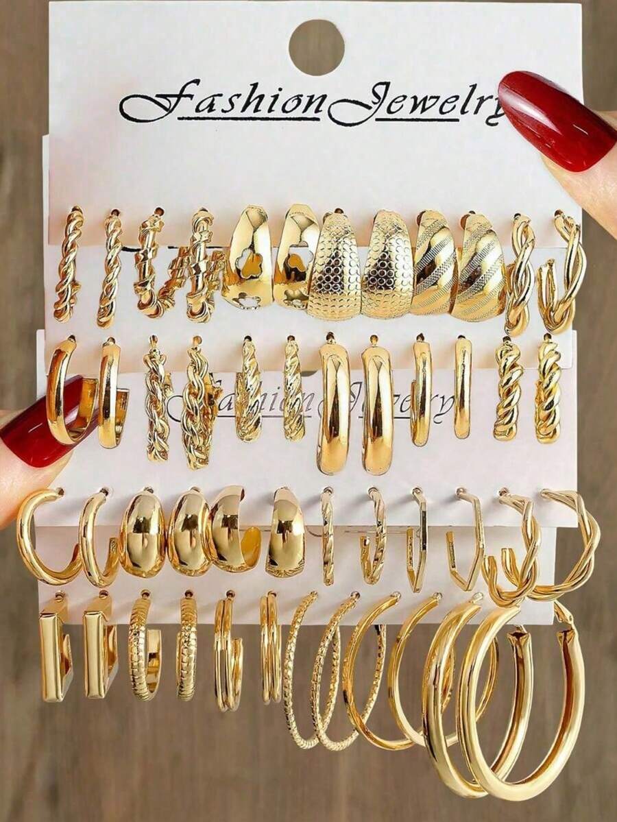 48/24pcs Vintage Punk Style Women Fashion Elegant Hoop Earrings Set, Bohemian Style - Versatile Daily Wear, Suitable For Women Daily, Dating, Party, Gift For Friends - Yellow Gold - View 1
