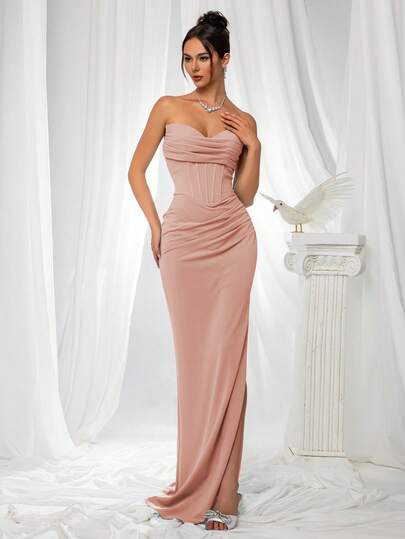 VIPGIRL Elegant Bridesmaid Dress: Strapless Flattering Fitted Satin Gown With Corset Bodice & Draped Waist – Minimalist Luxury Formal Evening Wear, Wedding Guest Outfit