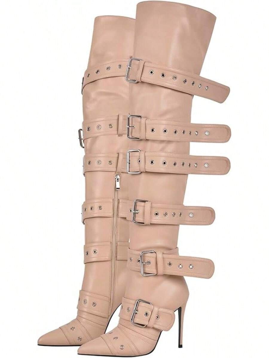 Multi Buckle Strap Over The Knee Pointed Toe Belts Stiletto Heeled Booty Thigh HighChristmas - 裸體 - 查看 1