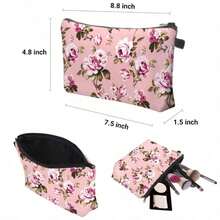 - Bolsa de maquillaje de viaje, bolsa pequea, regalo para mujeres, Corazn dorado cepillado, Casual - Flores de rubor rosa - Ver 1