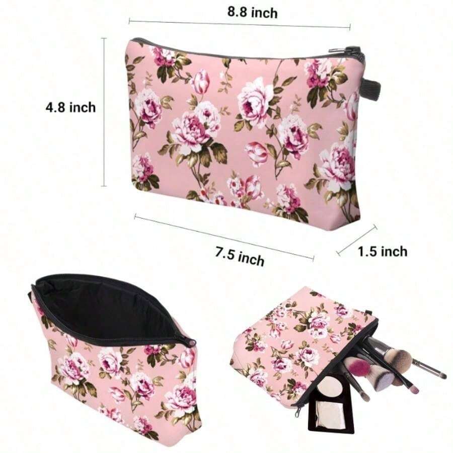 - Bolsa de maquillaje de viaje, bolsa pequea, regalo para mujeres, Corazn dorado cepillado, Casual - Flores de rubor rosa - Ver 1