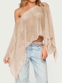 Womens Batwing Sleeve Asymmetrical Sparkly Glitter Poncho Top Crochet Hollow Out See Through Shrug Shawl Summer Beach Cover Ups With Tassel - Rượu sâm banh - Xem 2