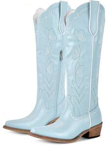Sexytag Butterfly Cowboy Boots For Women Embroidered Floral Cute Cowgirl Western Knee High BootsChristmas - 藍色 - 查看 1