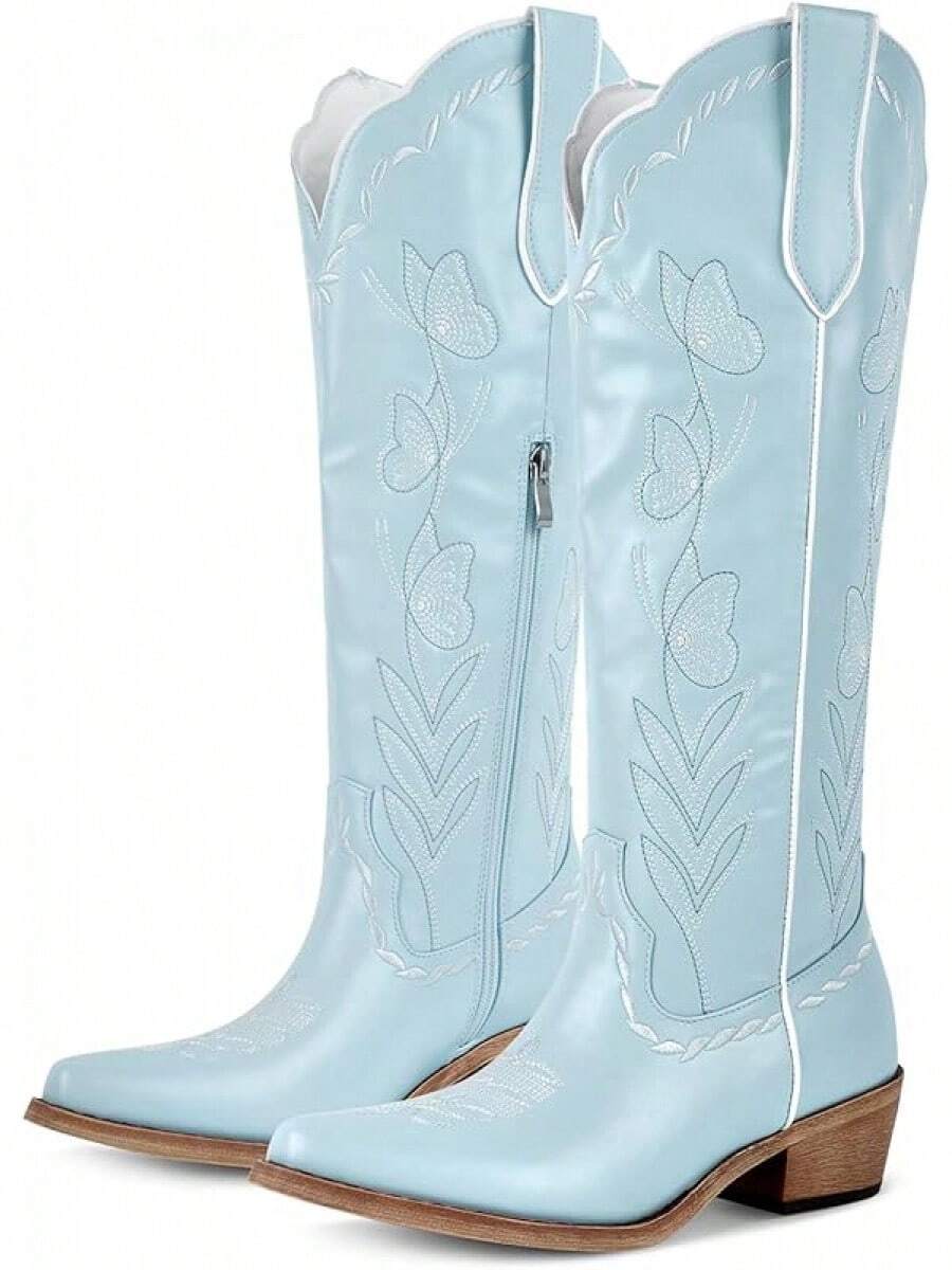 Sexytag Butterfly Cowboy Boots For Women Embroidered Floral Cute Cowgirl Western Knee High BootsChristmas - 藍色 - 查看 1