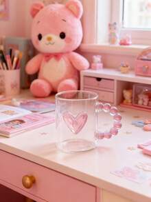 1pc INS Style Bow & Heart Print Glass Cup, Asymmetric Handle Water Mug, Home Afternoon Tea Coffee Cup, Juice Cold Drink Cup, Breakfast Milk Cup, Yogurt Oatmeal Cup, Holiday Gift Cup, Great Gift For Friends And Family, Valentine's Day Gift, Back To School Gift - Multicolor - View 4