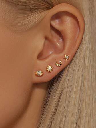 4pcs Star & Moon Stud Earrings Set, Round Zirconia Ear Piercing Jewelry, Suitable For Women, Daily Wear, Wedding, Party, Holiday Gift