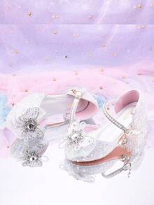 Zapatos de tacón alto con cristales azules para niñas, nuevas sandalias infantiles, zapatos con decoración de lazo de encaje hueco y medio cerrado, zapatos de fiesta de princesa con brillo y chispa - Diseño de hebilla con brillo de colores, tacón pequeño cómodo para niñas - Plateado - Ver 7