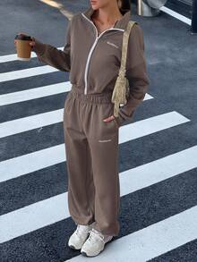 Tuta da donna GAOVOT, composta da felpa con cappuccio e pantaloni a gamba larga, in stile casual e comodo, adatta per l'autunno/inverno, con zip - Grigio - Visualizzare 4