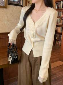 韓国スタイルの純粋な欲望優しいレース V ネック長袖ニットカーディガンカシミヤセーター女性のコート - アプリコット - チェックする 4